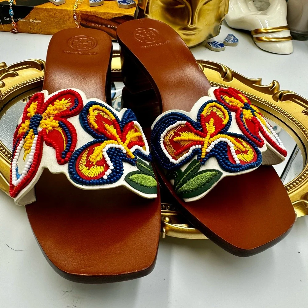 🆕 TORY BURCH 🧿 NWOB Bianca Floral Bead Embellished Slide Sandal, Sz 6.5